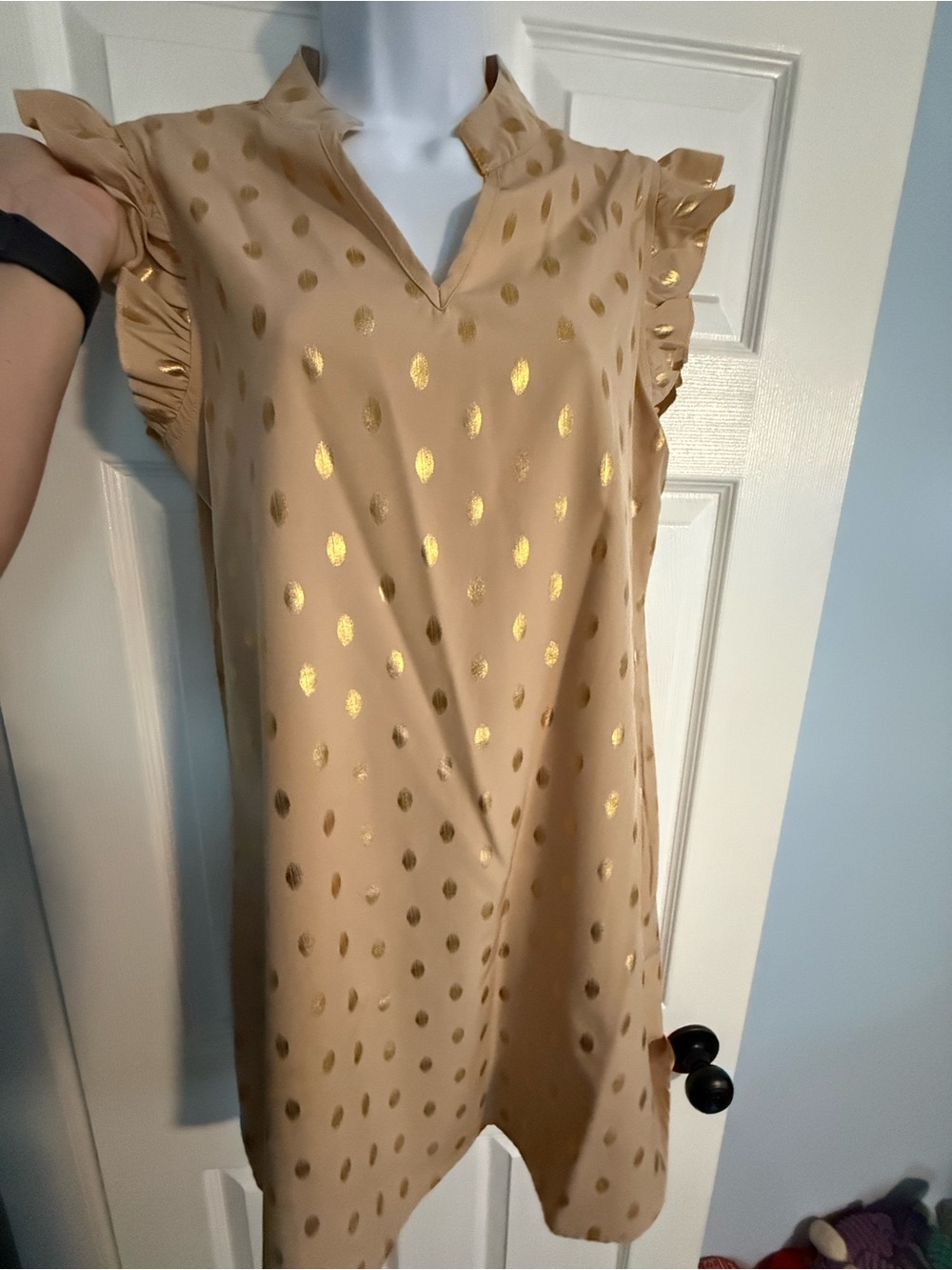 Gold Dot Ruffle Cap Sleeve Dress